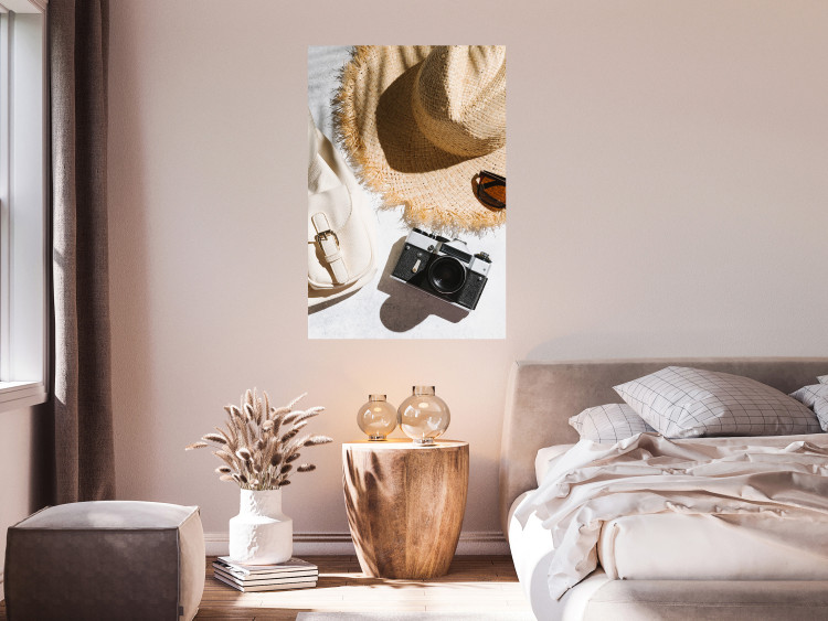 Wall Poster Vacation Vibes - summer table composition with a hat and camera 135595 additionalImage 22