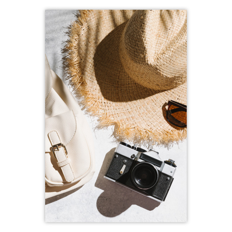 Wall Poster Vacation Vibes - summer table composition with a hat and camera 135595
