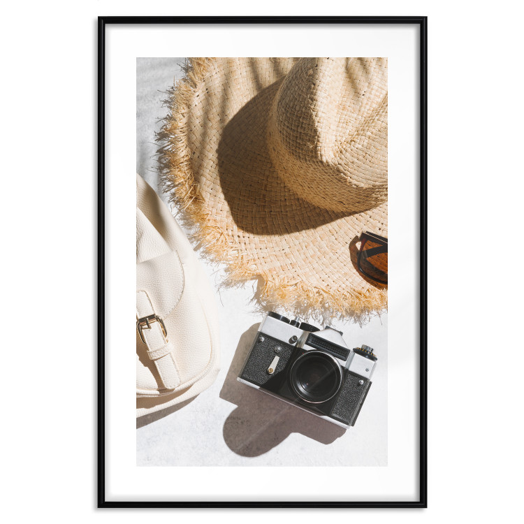 Wall Poster Vacation Vibes - summer table composition with a hat and camera 135595 additionalImage 14