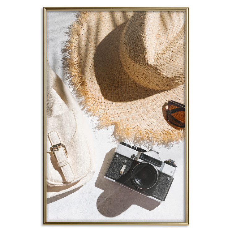 Wall Poster Vacation Vibes - summer table composition with a hat and camera 135595 additionalImage 11