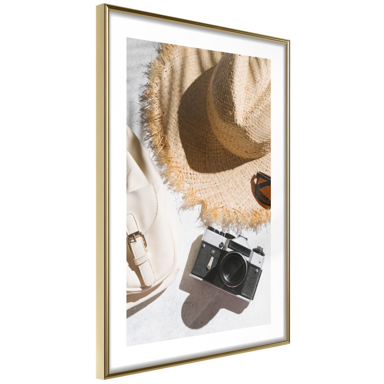 Wall Poster Vacation Vibes - summer table composition with a hat and camera 135595 additionalImage 2