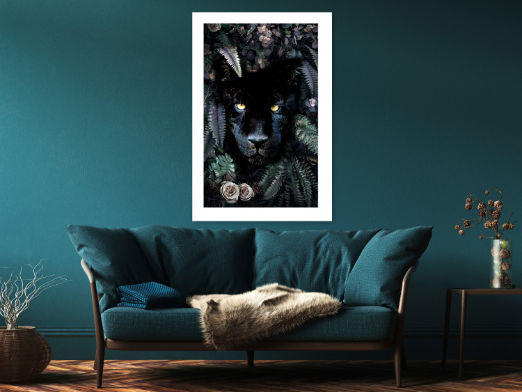 Wall Poster Black Panther in Leaves - portrait of a panther against a background of green plants 138695 additionalImage 2