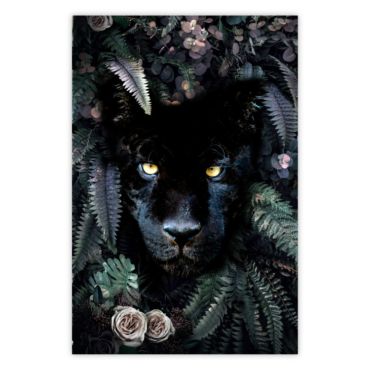 Wall Poster Black Panther in Leaves - portrait of a panther against a background of green plants 138695