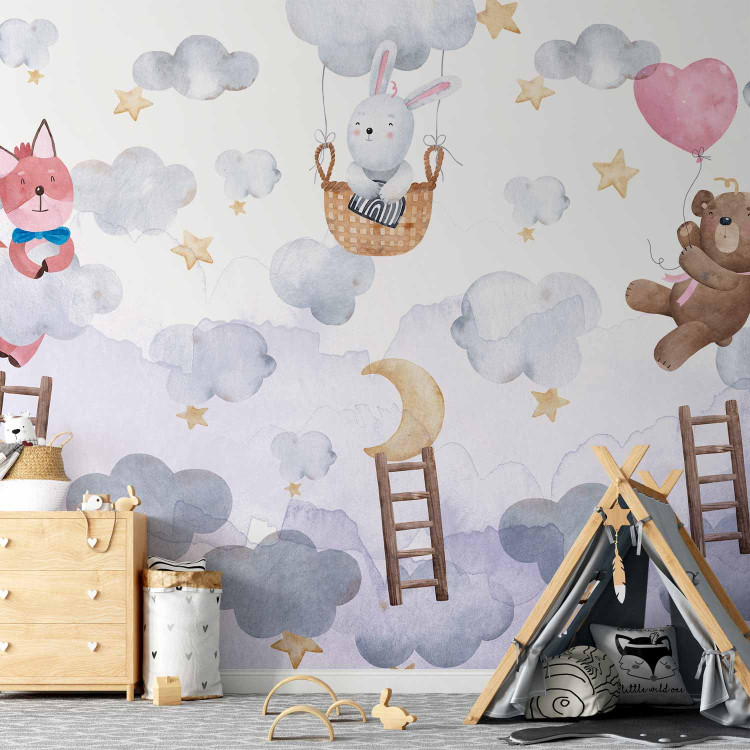 Wall Mural For Children - Teddy Bear, a Bunny and a Fox Flying in the Stars and Clouds 148595
