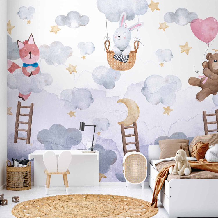 Wall Mural For Children - Teddy Bear, a Bunny and a Fox Flying in the Stars and Clouds 148595 additionalImage 4