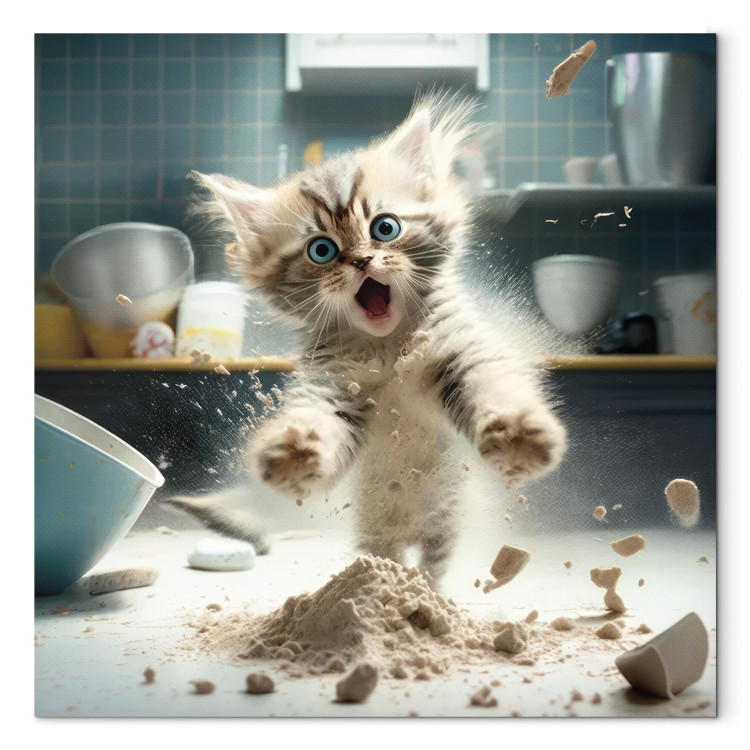 Canvas Art Print AI Maine Coon Cat - Scared Animal at Kitchen Work - Square 150095