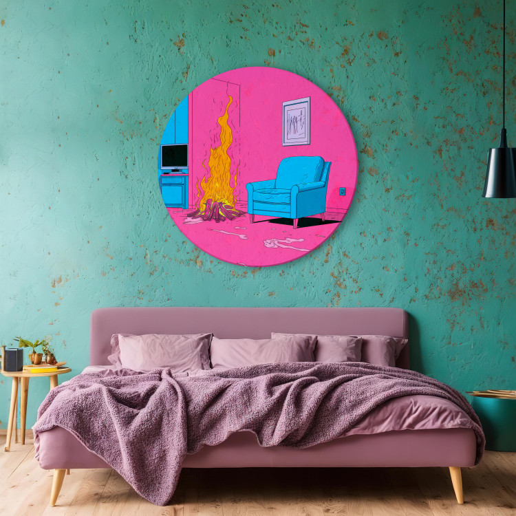 Round Canvas Home Fireplace - Hearth and Blue Armchair Against a Pink Wall 151595 additionalImage 2
