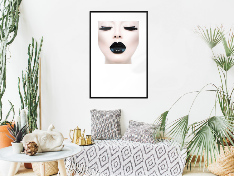 Wall Poster Black lips - composition on white with a woman's face with dark lipstick 115006 additionalImage 11