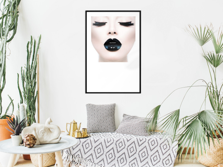 Wall Poster Black lips - composition on white with a woman's face with dark lipstick 115006 additionalImage 9