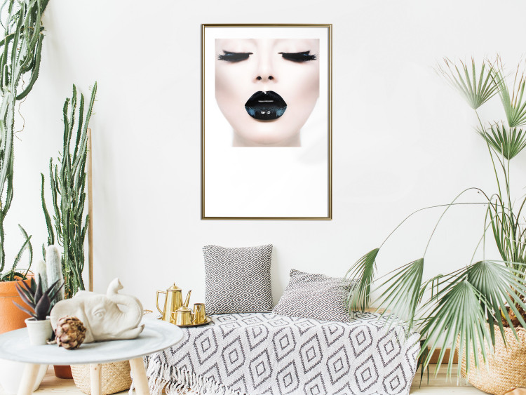 Wall Poster Black lips - composition on white with a woman's face with dark lipstick 115006 additionalImage 10