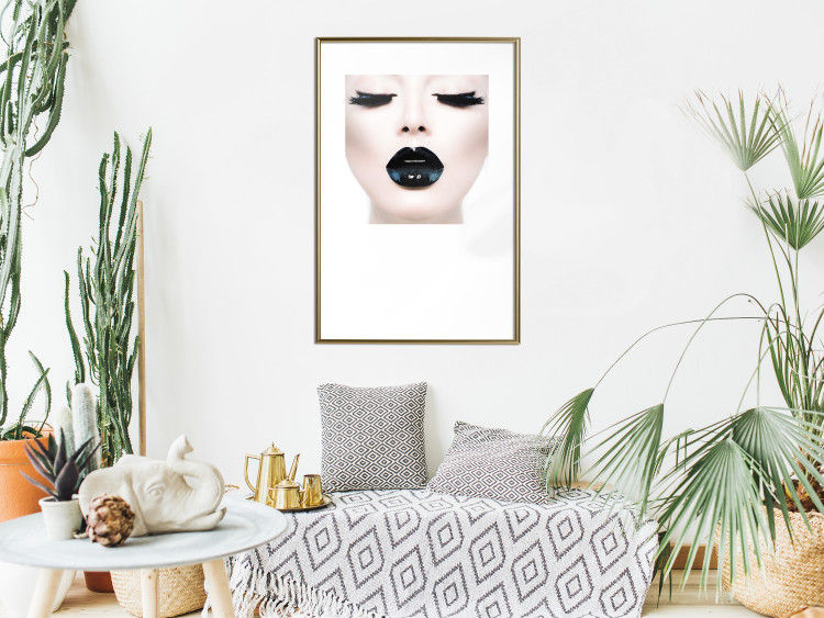 Wall Poster Black lips - composition on white with a woman's face with dark lipstick 115006 additionalImage 13