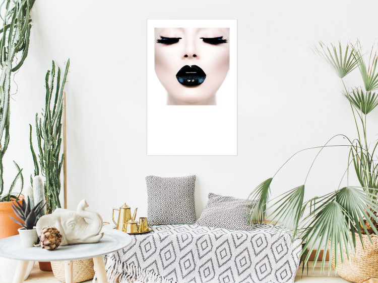 Wall Poster Black lips - composition on white with a woman's face with dark lipstick 115006 additionalImage 17