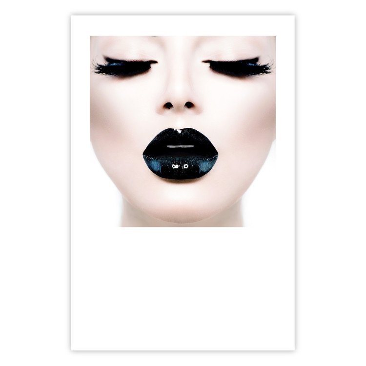 Wall Poster Black lips - composition on white with a woman's face with dark lipstick 115006