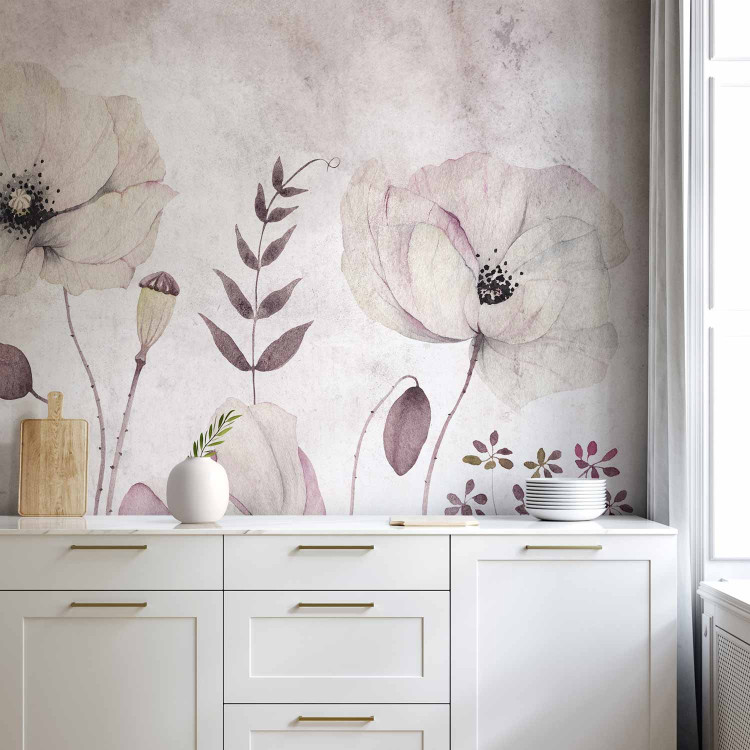 Wall Mural White poppies - floral watercolour style flower motif in grey tones 135406 additionalImage 6