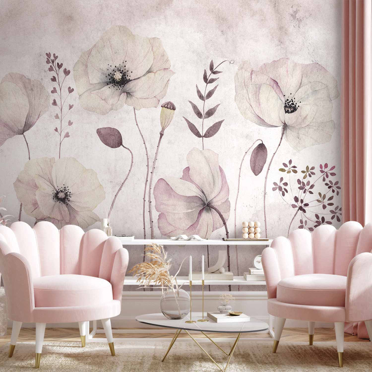 Wall Mural White poppies - floral watercolour style flower motif in grey tones 135406
