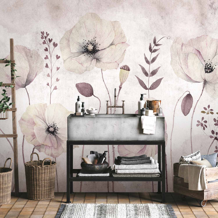 Wall Mural White poppies - floral watercolour style flower motif in grey tones 135406 additionalImage 8