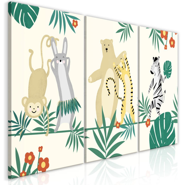 Canvas Art Print Dancing Animals (3-piece) - illustration in leaves for children 144606 additionalImage 2