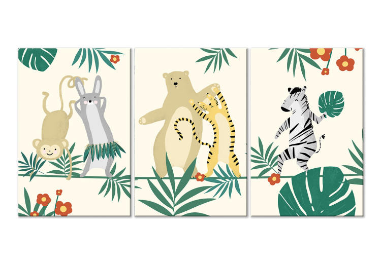 Canvas Art Print Dancing Animals (3-piece) - illustration in leaves for children 144606