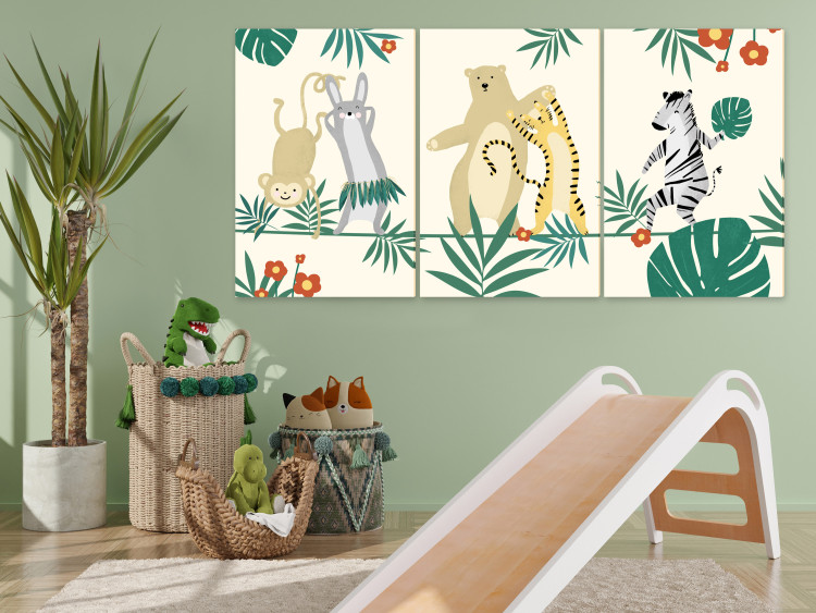 Canvas Art Print Dancing Animals (3-piece) - illustration in leaves for children 144606 additionalImage 3