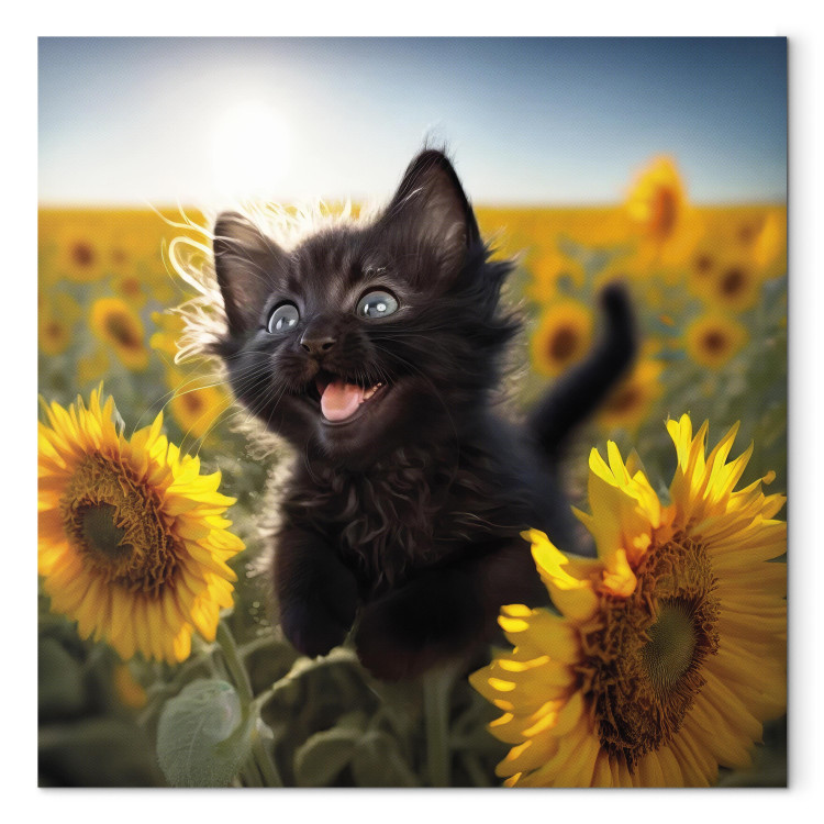 Canvas AI Cat - Black Animal Dancing in a Field of Sunflowers in a Sunny Glow - Square 150106
