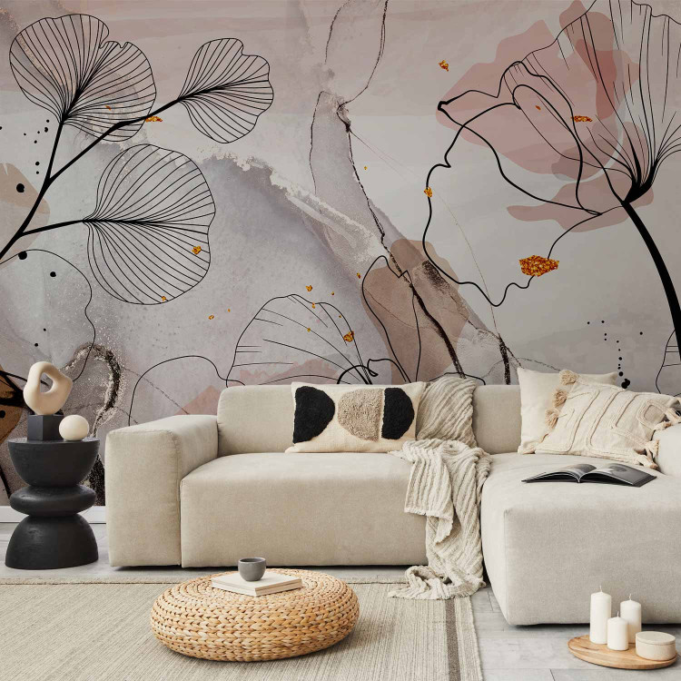 Wall Mural Leaf Outlines - Linear Composition on a Subdued Abstract Background 151906