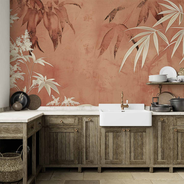 Wall Mural Leaves on the Wall - Composition With Plants on a Background in Terracotta Color 160006 additionalImage 6