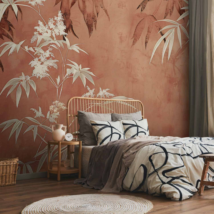 Wall Mural Leaves on the Wall - Composition With Plants on a Background in Terracotta Color 160006 additionalImage 2
