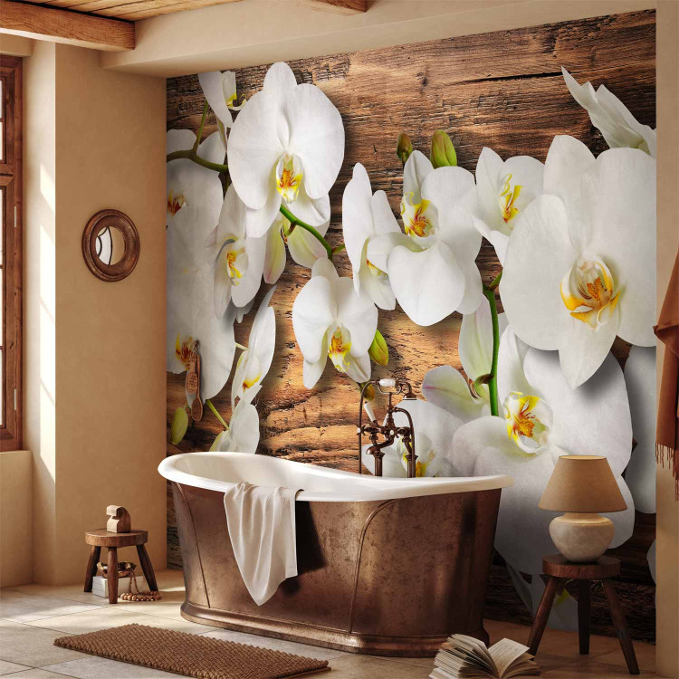 Photo Wallpaper Forest Orchid - Natural White Flowers on a Background of Old Dark Wood 60306 additionalImage 8