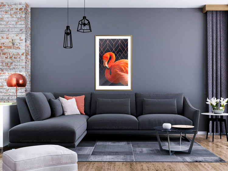 Wall Poster Flamingo Solo - composition with an orange bird on a geometric background 115316 additionalImage 13