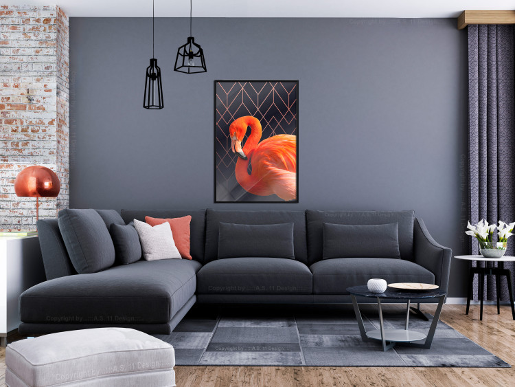 Wall Poster Flamingo Solo - composition with an orange bird on a geometric background 115316 additionalImage 3