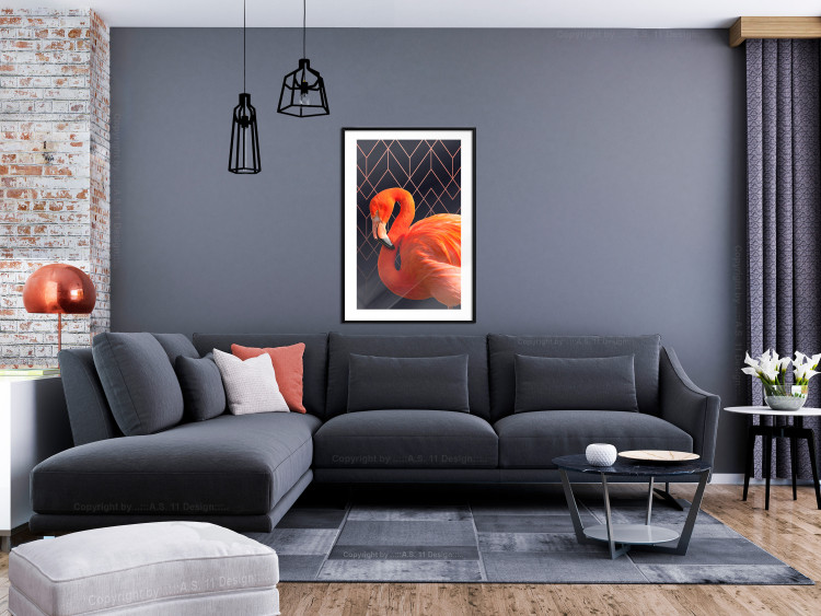 Wall Poster Flamingo Solo - composition with an orange bird on a geometric background 115316 additionalImage 4