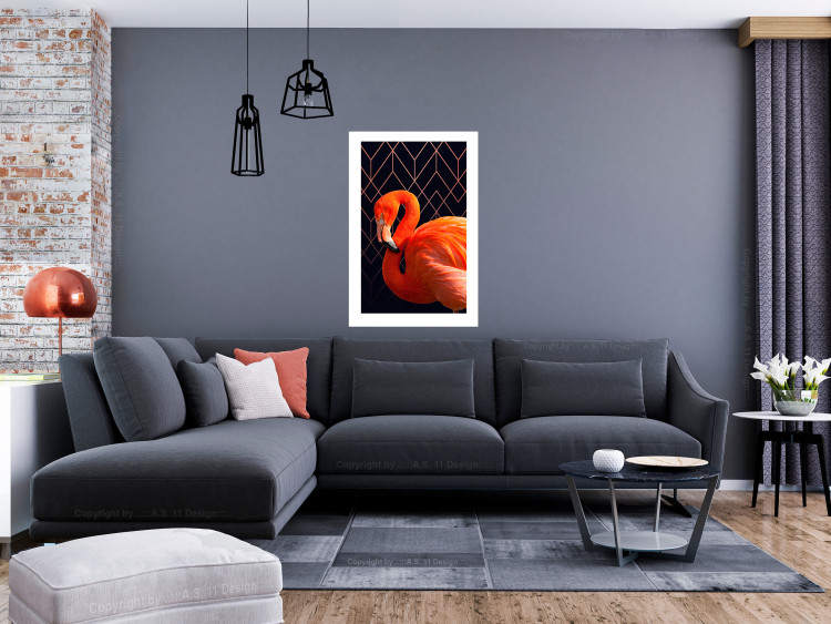 Wall Poster Flamingo Solo - composition with an orange bird on a geometric background 115316 additionalImage 2