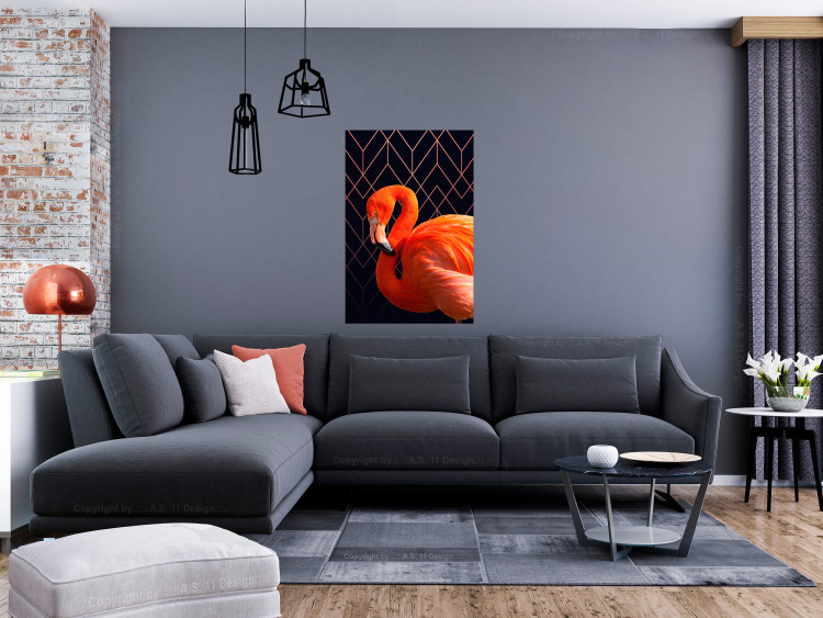Wall Poster Flamingo Solo - composition with an orange bird on a geometric background 115316 additionalImage 17