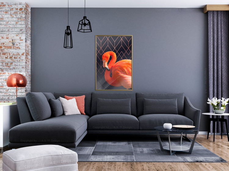 Wall Poster Flamingo Solo - composition with an orange bird on a geometric background 115316 additionalImage 5