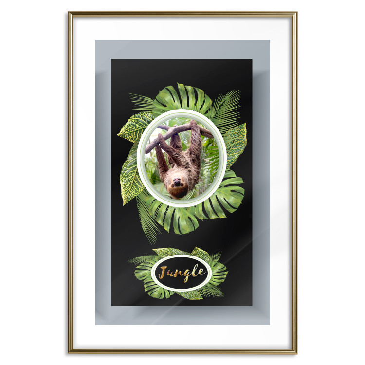 Poster Sloth - brown mammal and tropical green leaves on a black background 116316 additionalImage 14