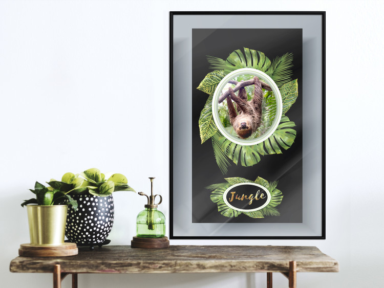 Poster Sloth - brown mammal and tropical green leaves on a black background 116316 additionalImage 2