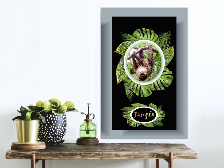 Poster Sloth - brown mammal and tropical green leaves on a black background 116316 additionalImage 17