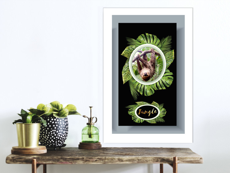 Poster Sloth - brown mammal and tropical green leaves on a black background 116316 additionalImage 3