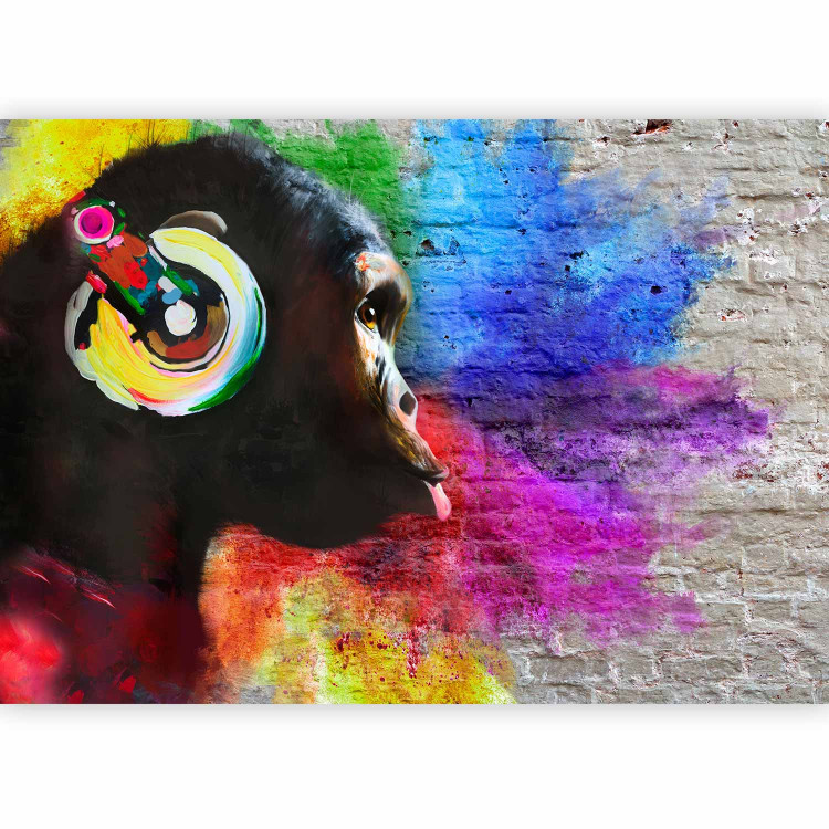 Wall Mural DJ chimpanzee - colourful animal on regular background with brick texture 126816 additionalImage 1