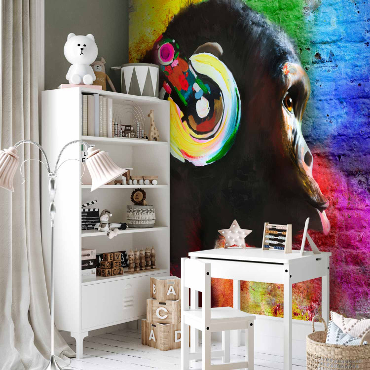 Wall Mural DJ chimpanzee - colourful animal on regular background with brick texture 126816 additionalImage 7