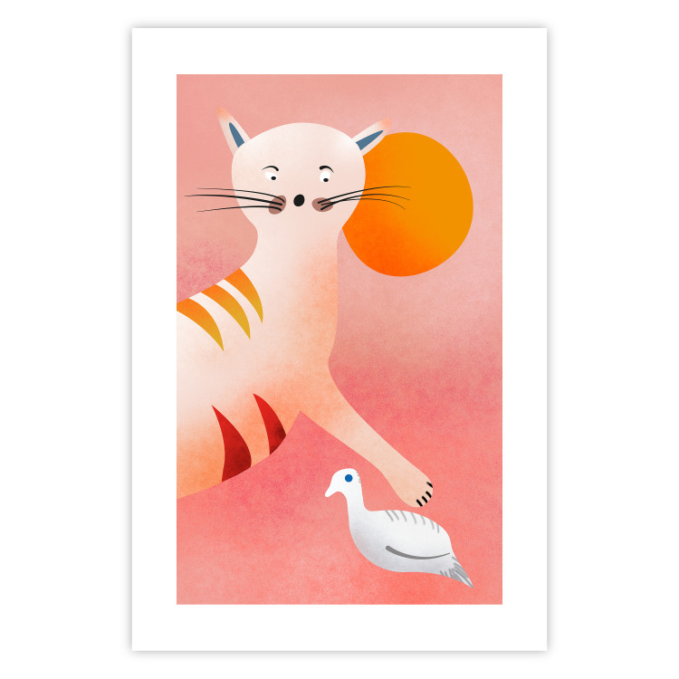 Poster Young Tiger - playful animal touching a bird on a red background 135716 additionalImage 11
