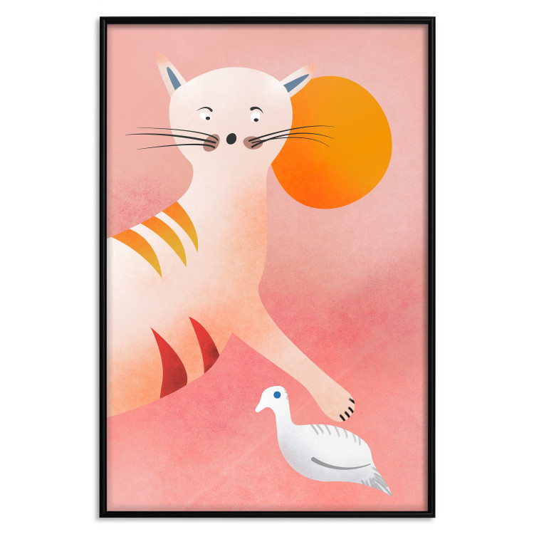 Poster Young Tiger - playful animal touching a bird on a red background 135716 additionalImage 10