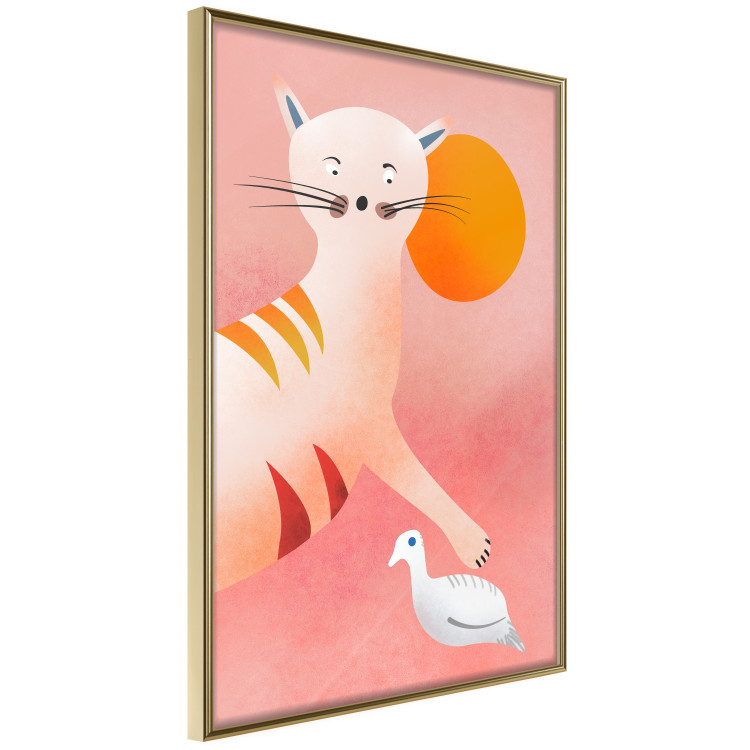 Poster Young Tiger - playful animal touching a bird on a red background 135716 additionalImage 5