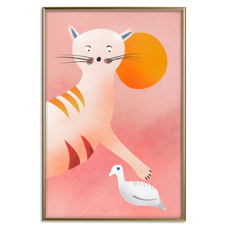 Poster Young Tiger - playful animal touching a bird on a red background 135716 additionalImage 11