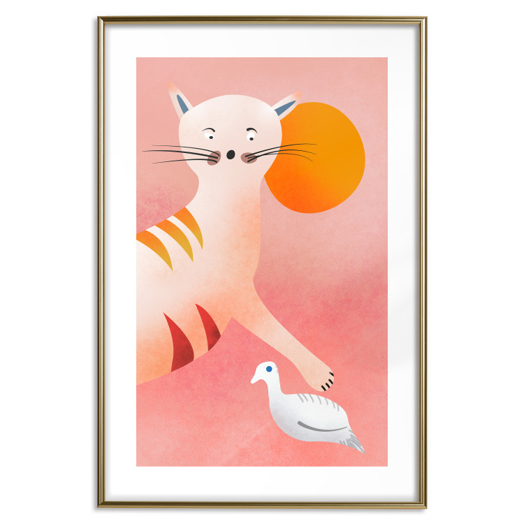 Poster Young Tiger - playful animal touching a bird on a red background 135716 additionalImage 18