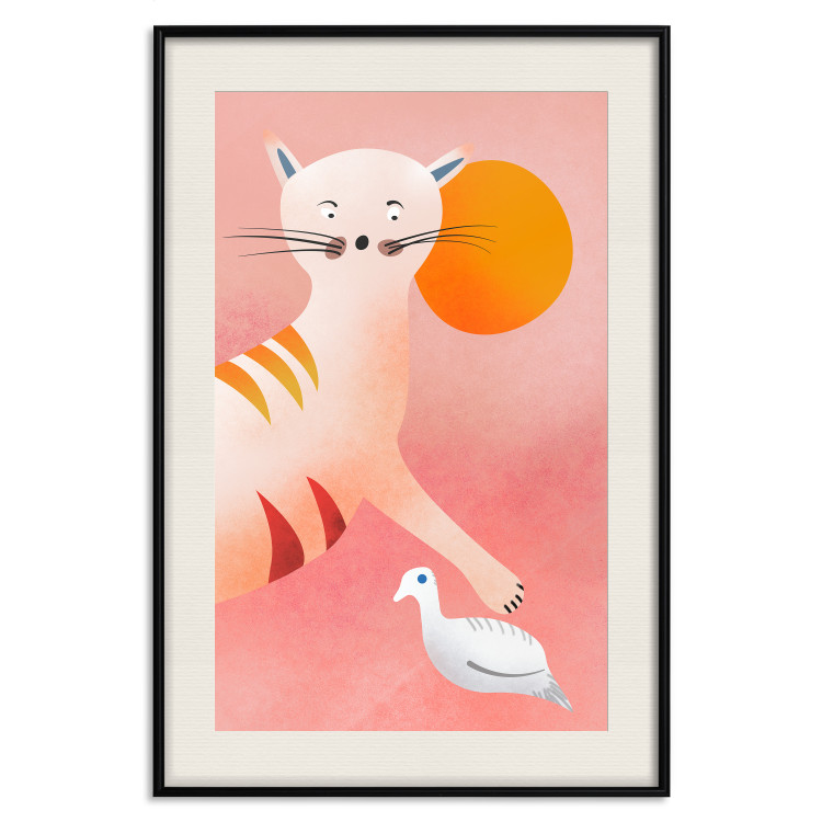 Poster Young Tiger - playful animal touching a bird on a red background 135716 additionalImage 17