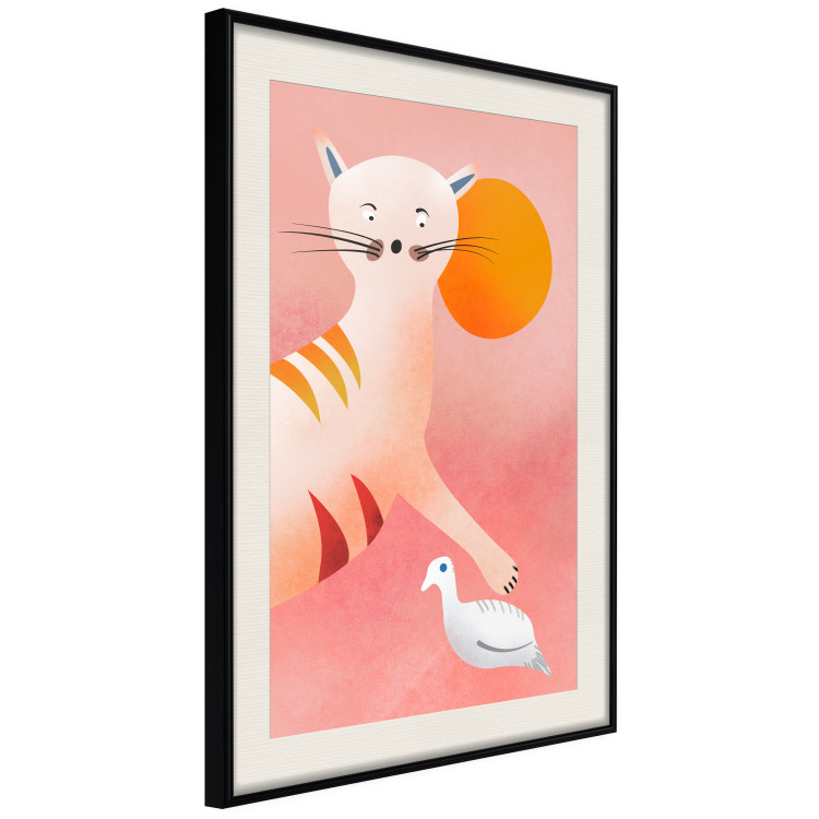 Poster Young Tiger - playful animal touching a bird on a red background 135716 additionalImage 10