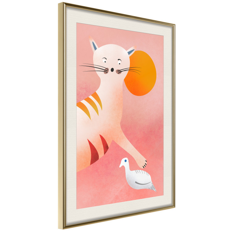 Poster Young Tiger - playful animal touching a bird on a red background 135716 additionalImage 4