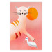 Poster Young Tiger - playful animal touching a bird on a red background 135716