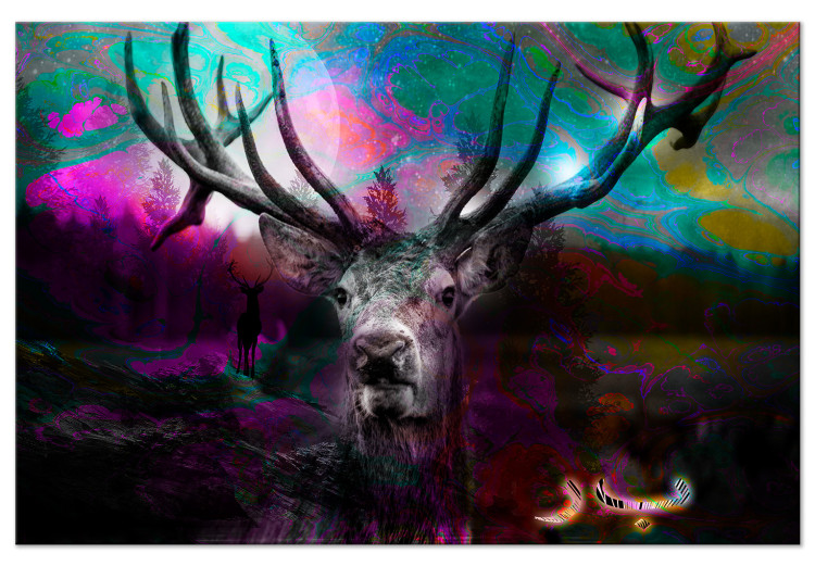 Canvas Art Print Deer in a Colorful Forest (1-piece) Wide - animal and colorful streaks 143716